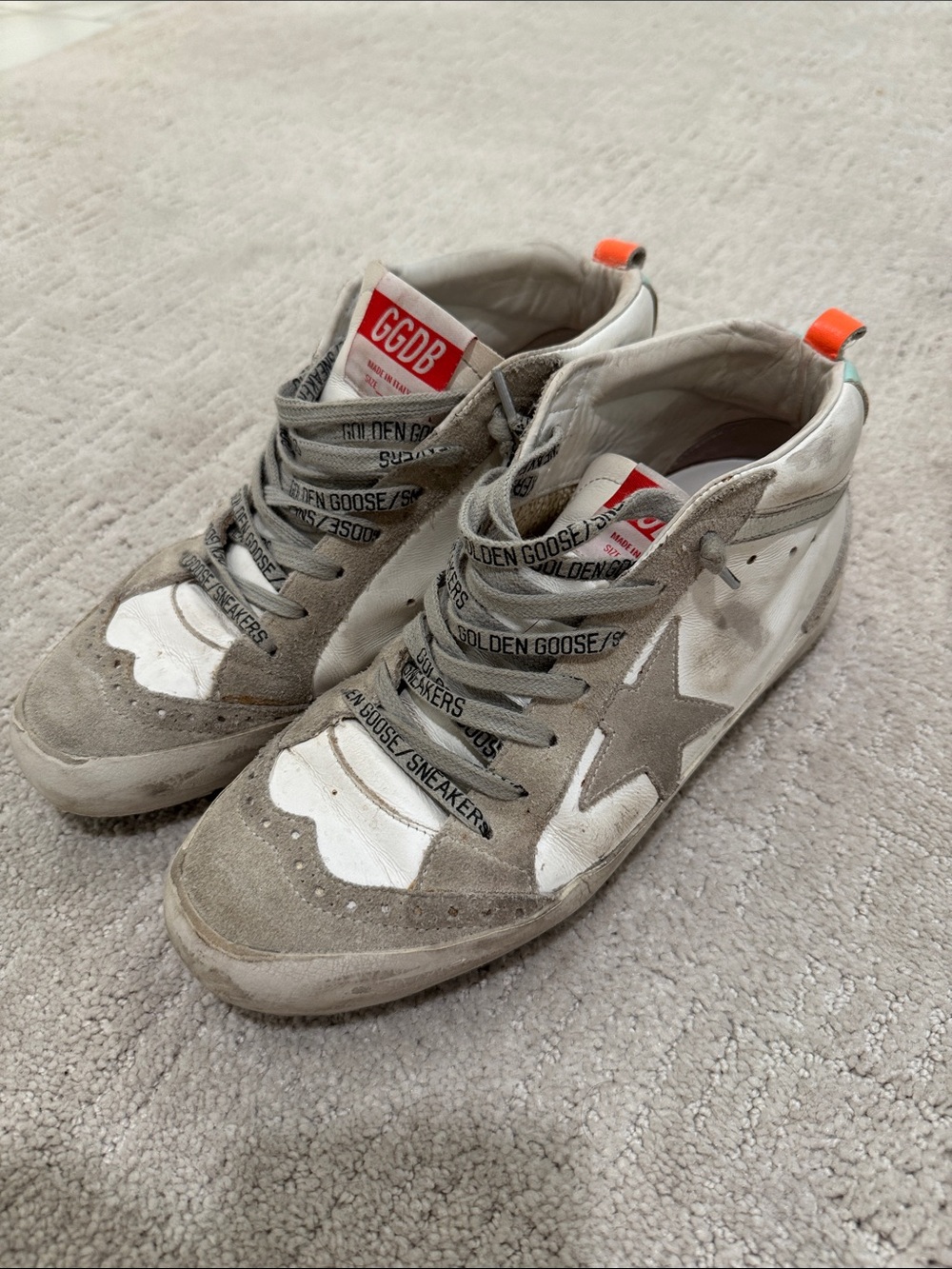 Golden Goose Women’s White and Gray Superstar Sneakers with Orange Heel Tab